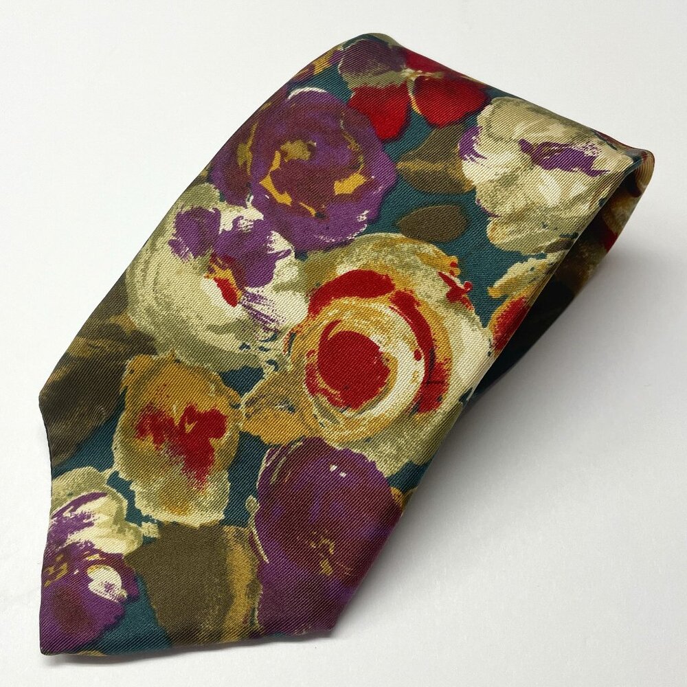 Men's Tie Royal Knight Abstract Floral Burgundy Green Ivory 100% Silk 54 x 3 3/4